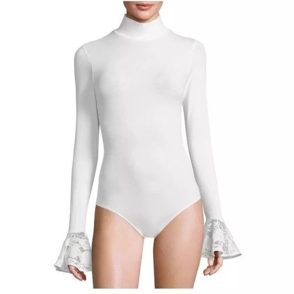 cinq a sept White Turtleneck Bodysuit with Lace Ruffle Cuffs, Medium